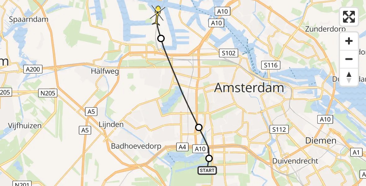 Routekaart van de vlucht: Lifeliner 1 naar Amsterdam Heliport, Ringweg-Zuid