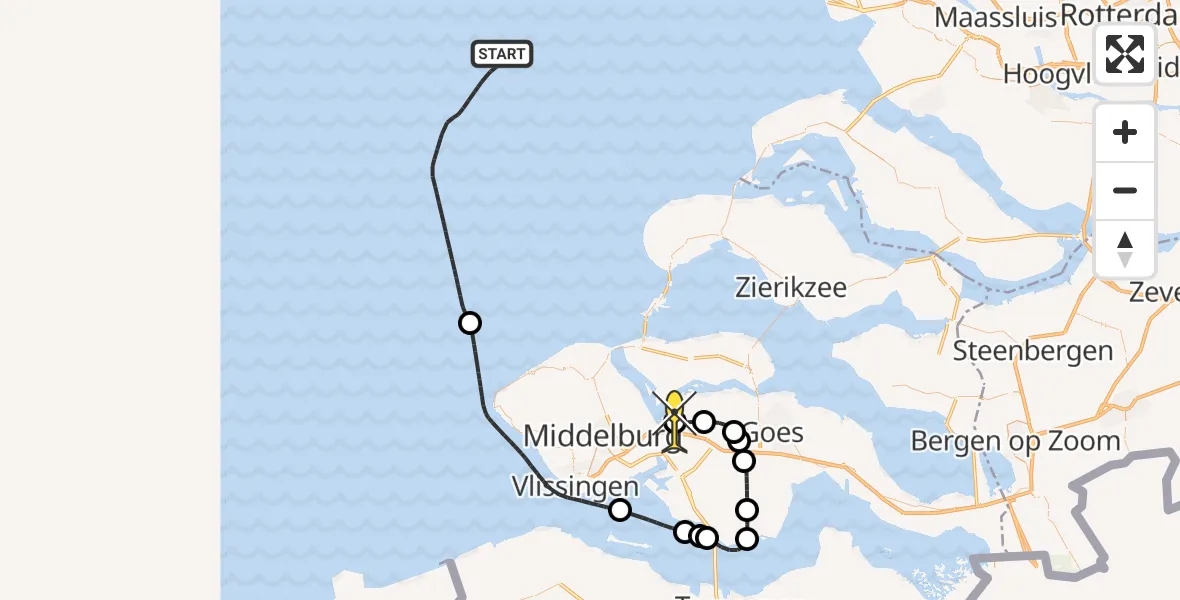 Routekaart van de vlucht: Politieheli naar Vliegveld Midden-Zeeland, Calandweg