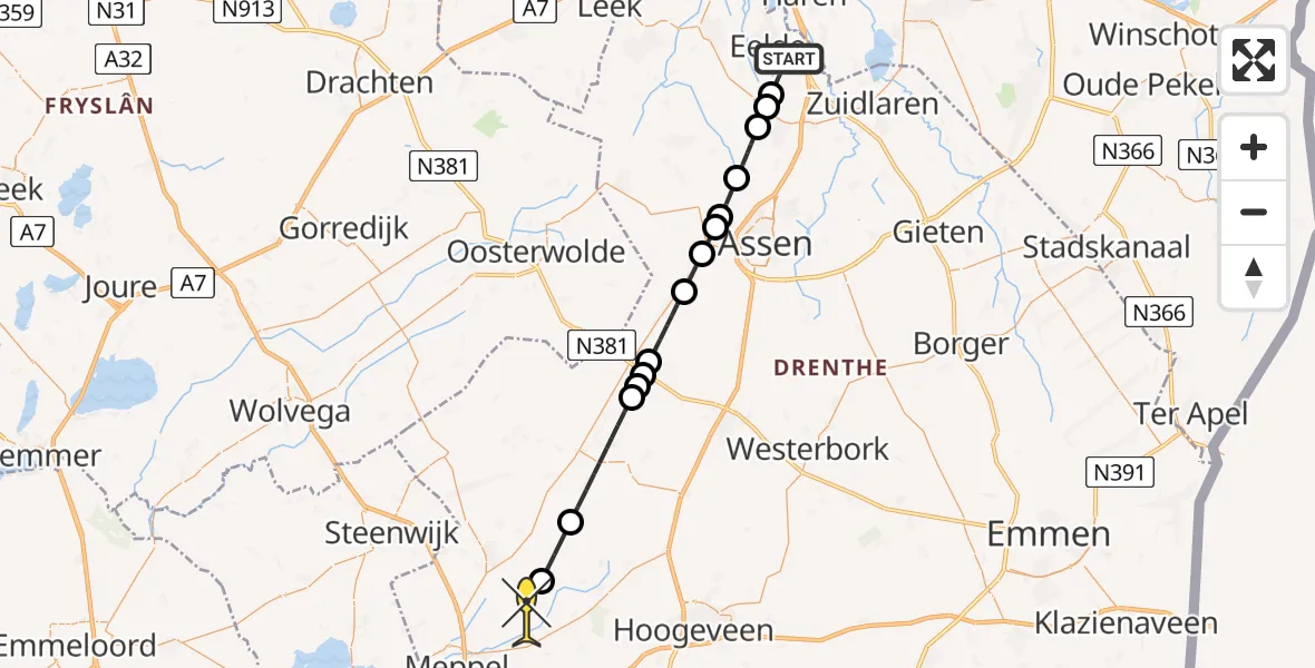 Routekaart van de vlucht: Lifeliner 4 naar Ruinerwold, Moespot