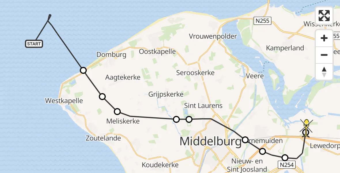 Routekaart van de vlucht: Kustwachthelikopter naar Vliegveld Midden-Zeeland, Muidenweg