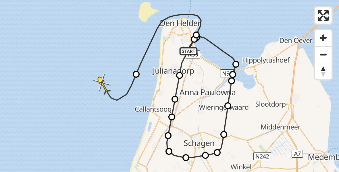 Routekaart van de vlucht: Kustwachthelikopter naar Oostoeverweg