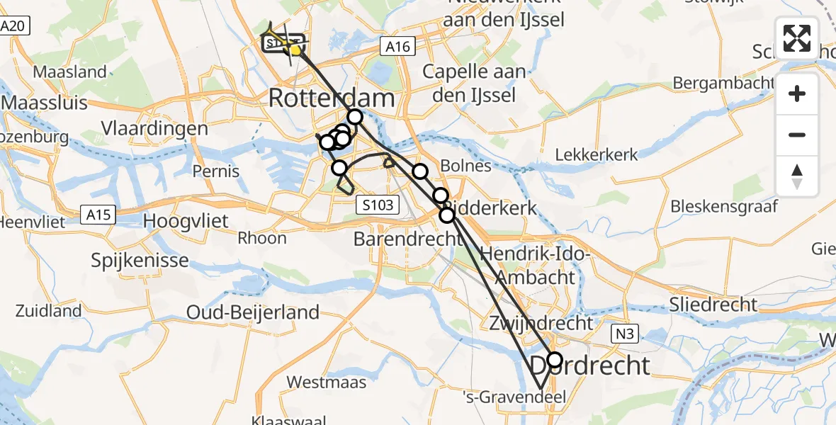 Routekaart van de vlucht: Politieheli naar Rotterdam The Hague Airport, Maaskade