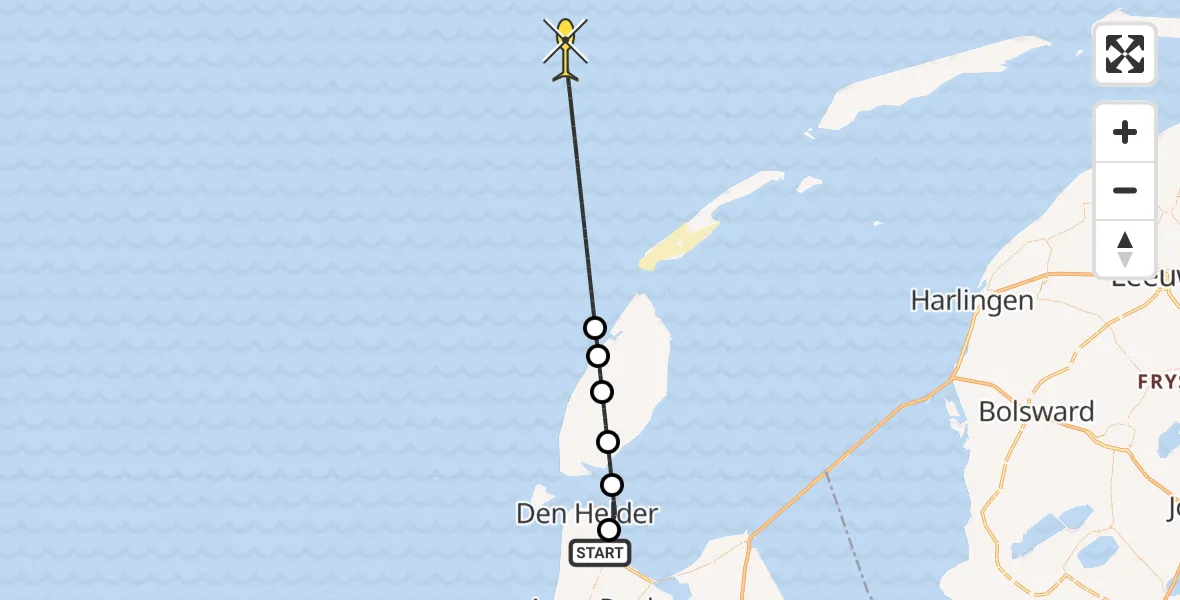 Vluchtroute Kustwachthelikopter van Vliegveld De Kooy naar 