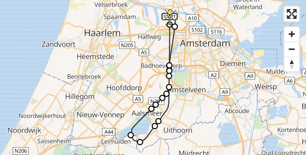 Routekaart van de vlucht: Lifeliner 1 naar Amsterdam Heliport, Westhavenweg