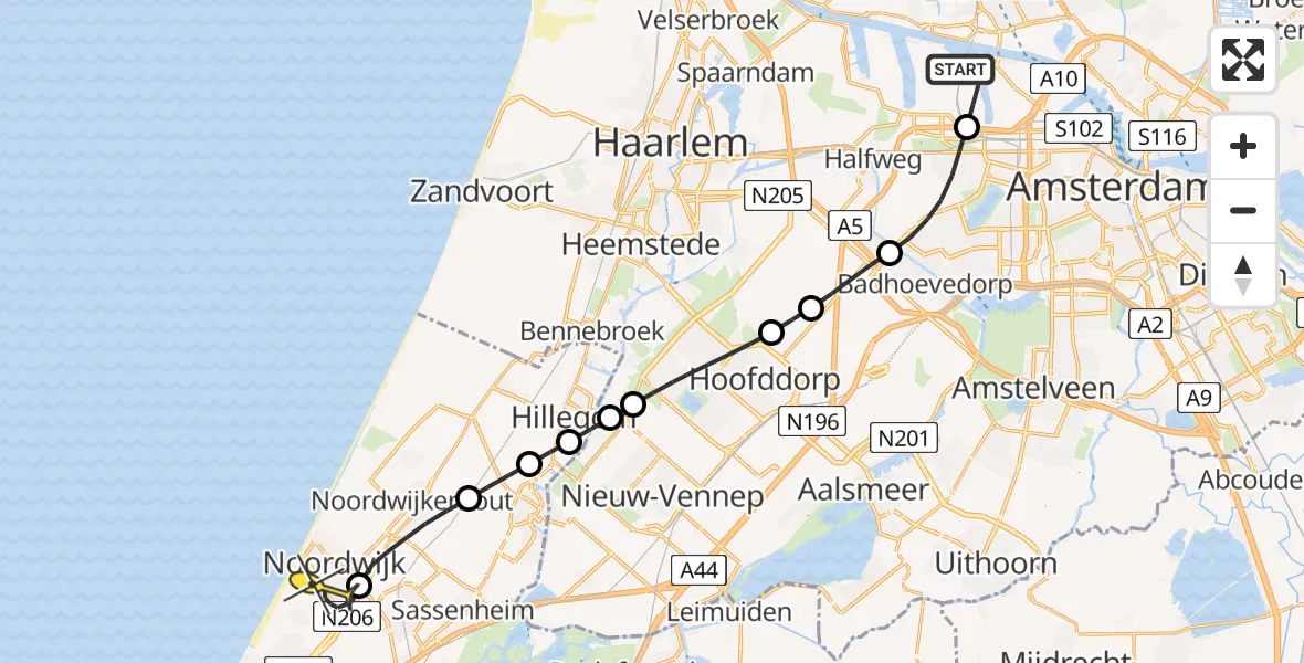 Routekaart van de vlucht: Lifeliner 1 naar Noordwijk, Westhavenweg