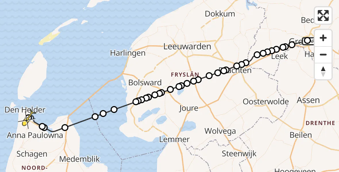 Routekaart van de vlucht: Kustwachthelikopter naar Vliegveld De Kooy, Poortweg