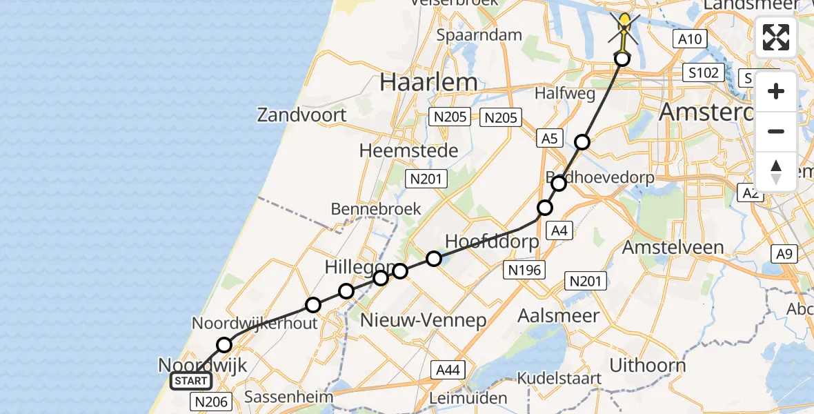 Routekaart van de vlucht: Lifeliner 1 naar Amsterdam Heliport, Volstuinen Northgodreef