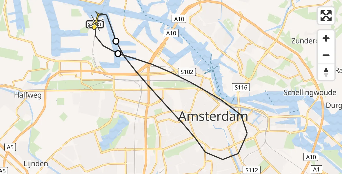 Routekaart van de vlucht: Lifeliner 1 naar Amsterdam Heliport, Corsicaweg