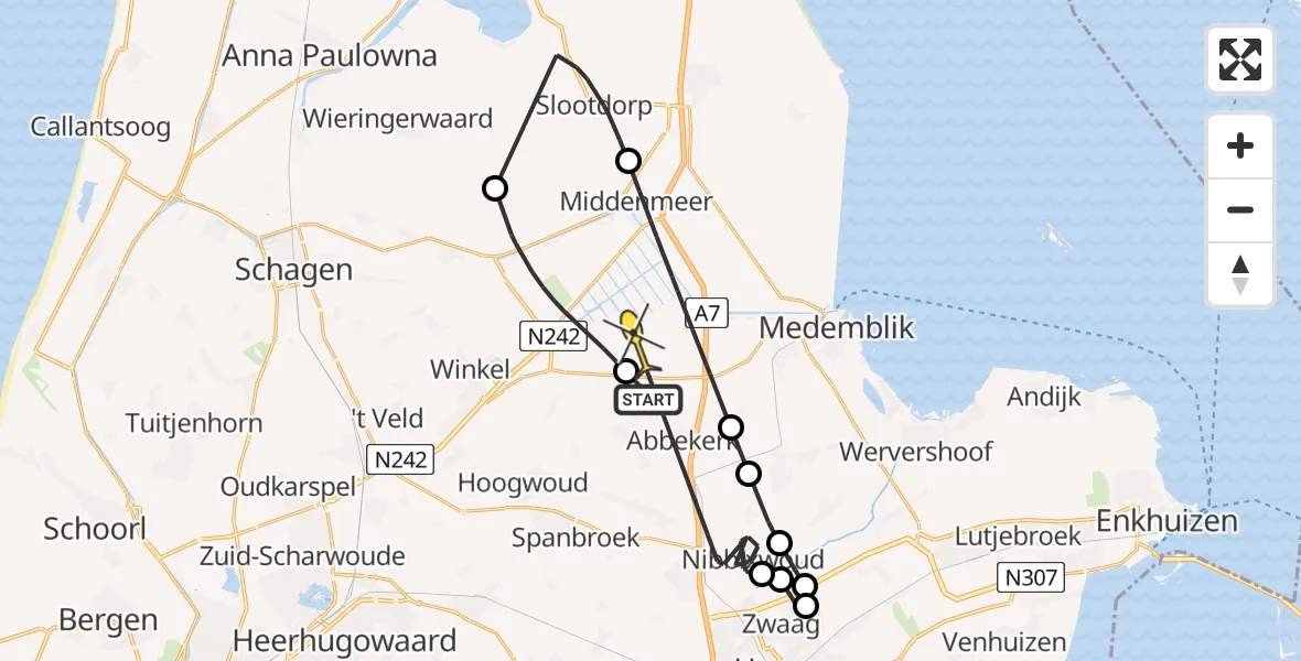 Routekaart van de vlucht: Politieheli naar Middenmeer, Westfriesedijk