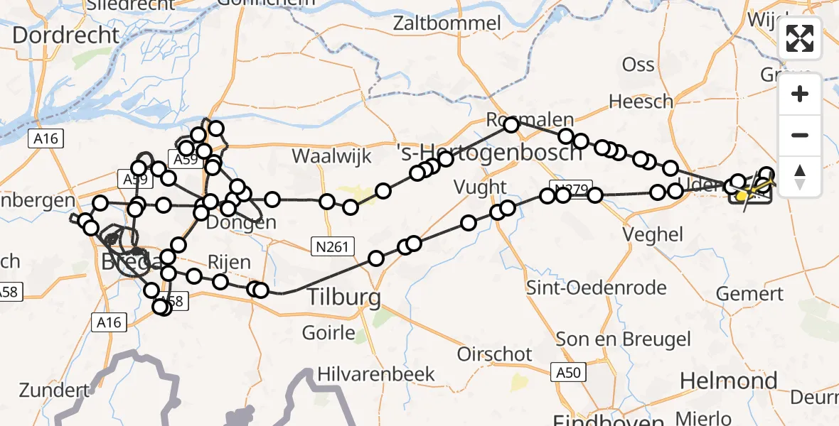 Routekaart van de vlucht: Politieheli naar Vliegbasis Volkel, Kromstraat