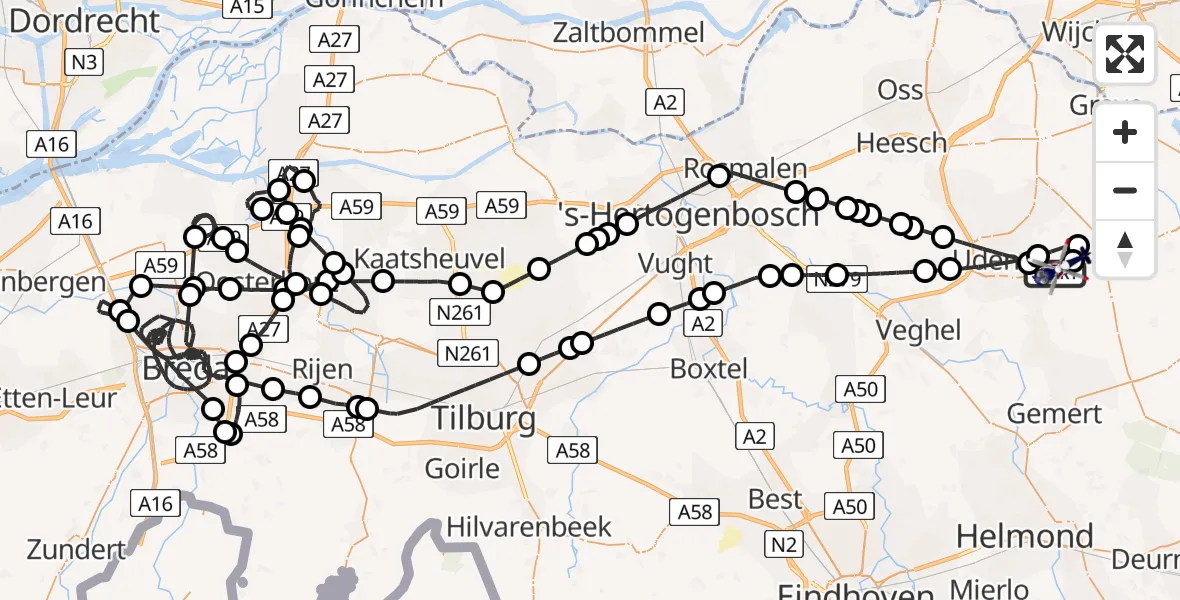 Vluchtroute Politiehelikopter van Vliegbasis Volkel naar Vliegbasis Volkel