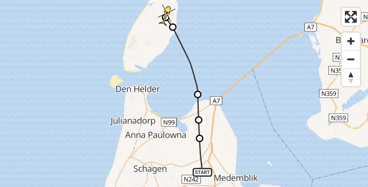 Routekaart van de vlucht: Politiehelikopter naar De Cocksdorp, Zuiderzeeweg
