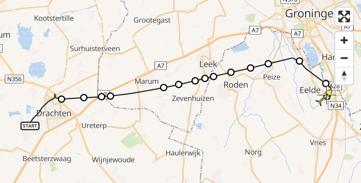 Routekaart van de vlucht: Lifeliner 4 naar Groningen Airport Eelde, Weegbree