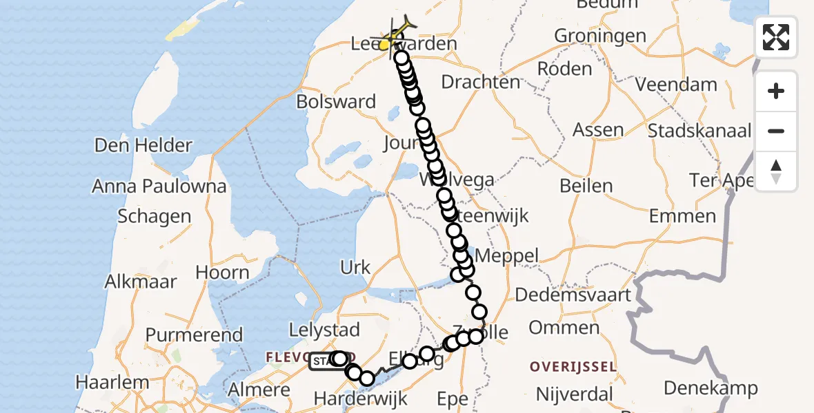 Routekaart van de vlucht: Ambulanceheli naar Vliegbasis Leeuwarden, Eendentocht