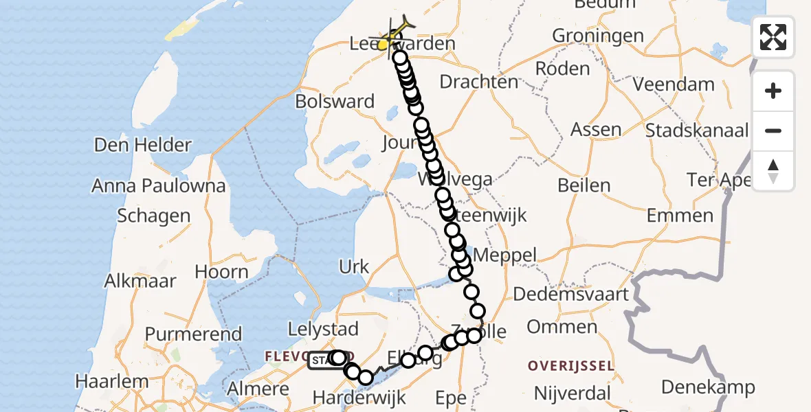 Routekaart van de vlucht: Ambulancehelikopter naar Vliegbasis Leeuwarden, Eendentocht