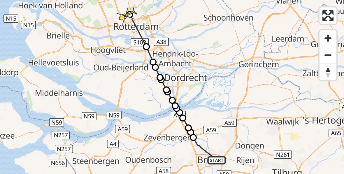 Routekaart van de vlucht: Lifeliner 2 naar Rotterdam The Hague Airport, Christiaan Huygensstraat