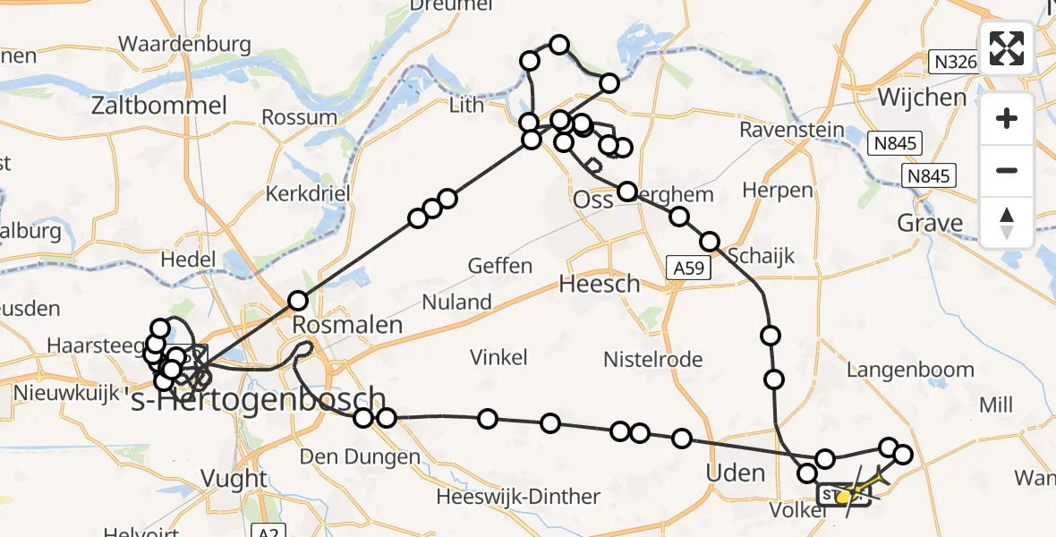 Routekaart van de vlucht: Politieheli naar Vliegbasis Volkel, Kromstraat