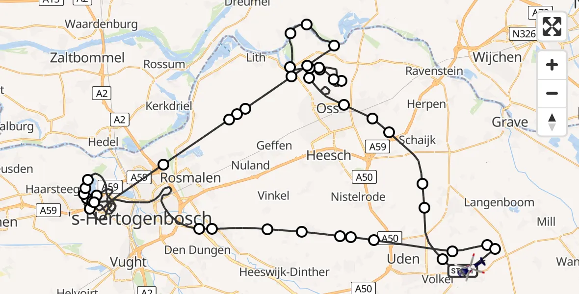 Vluchtroute Politiehelikopter van Vliegbasis Volkel naar Vliegbasis Volkel