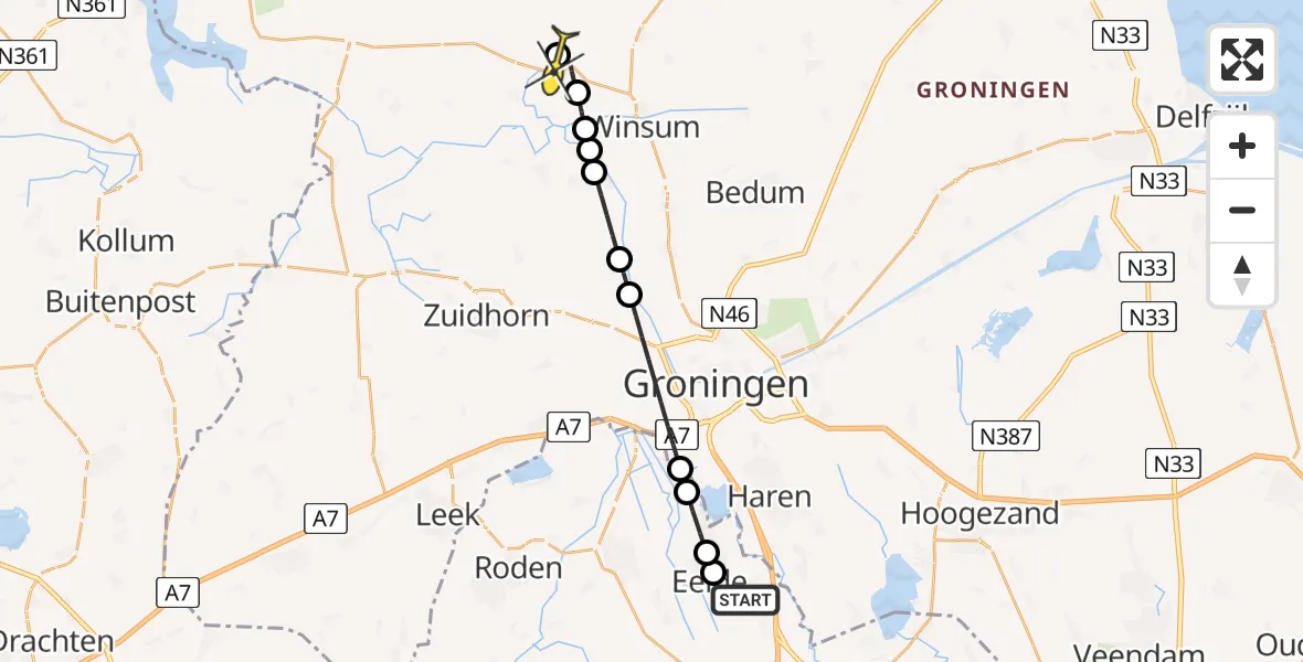 Routekaart van de vlucht: Lifeliner 4 naar Eenrum, Molenweg