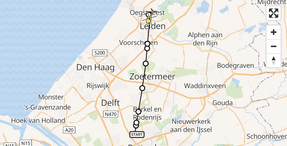 Routekaart van de vlucht: Lifeliner 2 naar Leiden, A16 Rotterdam