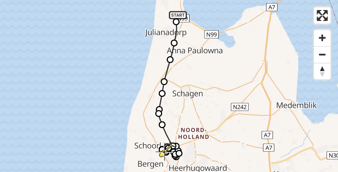 Routekaart van de vlucht: Kustwachthelikopter naar Oudkarspel, Rijksweg