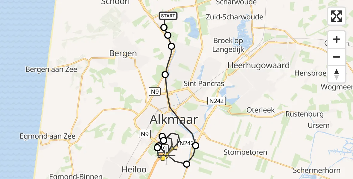 Routekaart van de vlucht: Kustwachthelikopter naar Alkmaar, Wagenweg