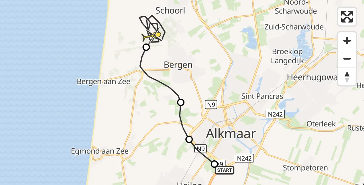 Routekaart van de vlucht: Kustwachthelikopter naar Schoorl, De Blinkenlaan