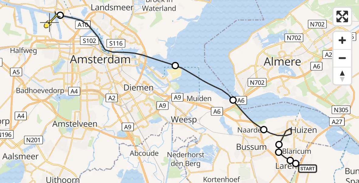 Routekaart van de vlucht: Lifeliner 1 naar Amsterdam Heliport, Eemnesserweg