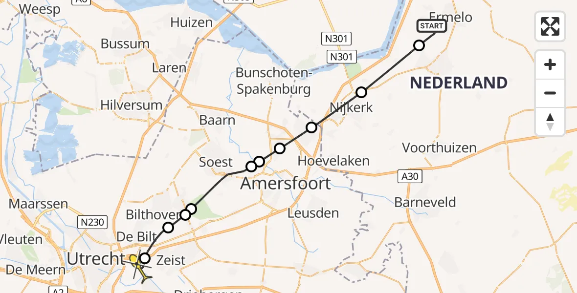 Routekaart van de vlucht: Lifeliner 1 naar Universitair Medisch Centrum Utrecht, Oude Telgterweg