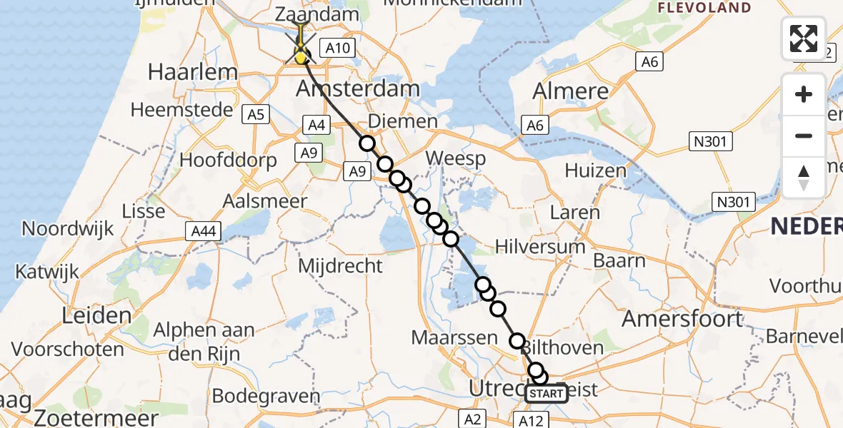 Routekaart van de vlucht: Lifeliner 1 naar Amsterdam Heliport, Universiteitsweg