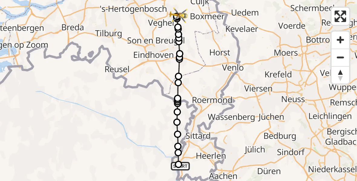 Vluchtroute Traumahelikopter Maastricht UMC+ - Vliegbasis Volkel, 02 februari 2025, 00:54
