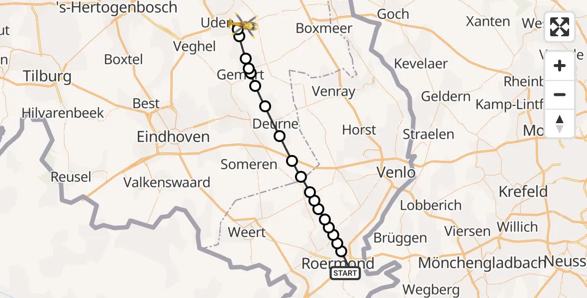 Vluchtroute Traumahelikopter Roermond - Vliegbasis Volkel, 02 februari 2025, 05:01
