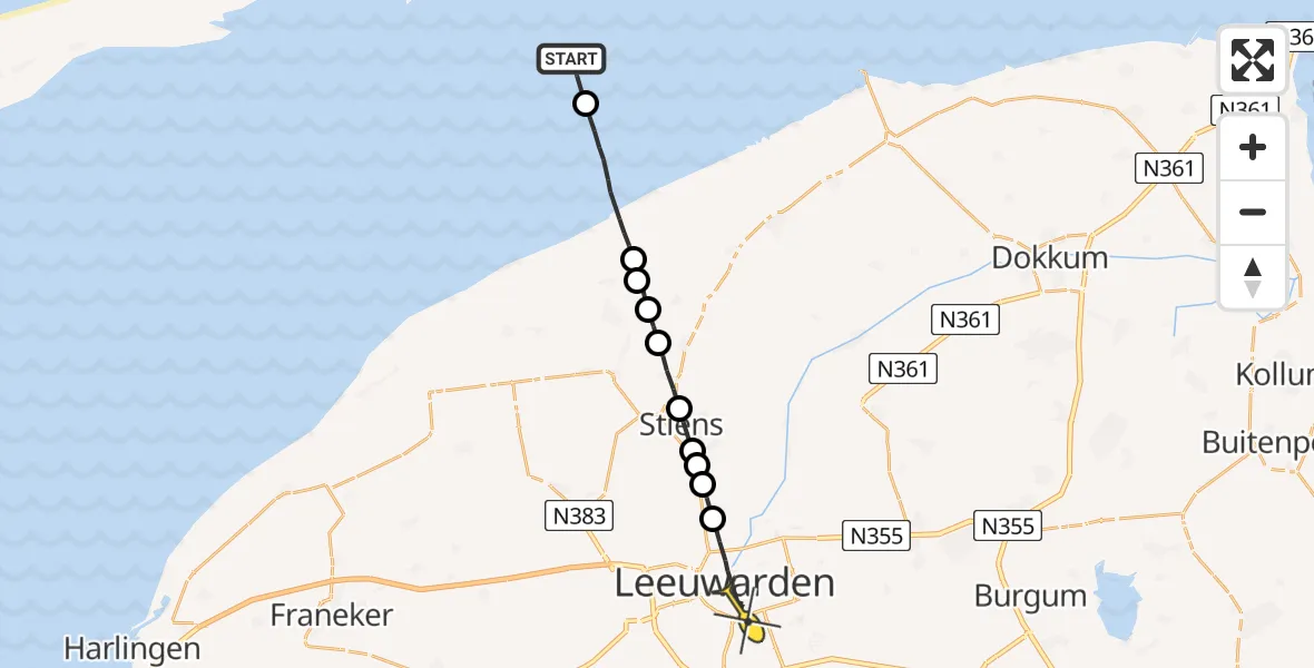 Routekaart van de vlucht: Ambulancehelikopter naar Leeuwarden, Aldlânsdyk
