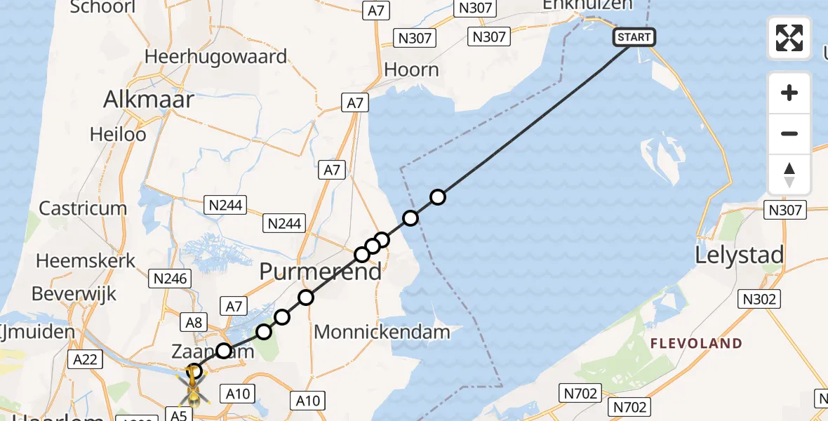 Vluchtroute Traumahelikopter Lelystad - Amsterdam Heliport, 02 februari 2025, 07:27