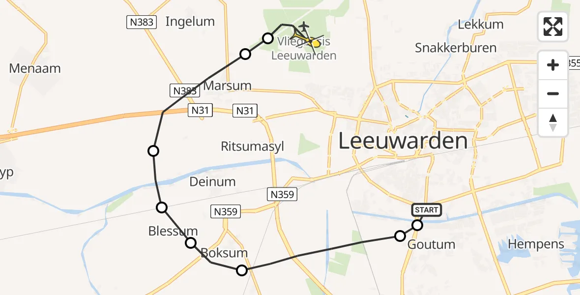 Routekaart van de vlucht: Ambulanceheli naar Vliegbasis Leeuwarden, Boksumerhoeke