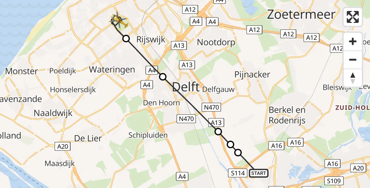 Vluchtroute Traumahelikopter Rotterdam The Hague Airport - Den Haag, 02 februari 2025, 08:08