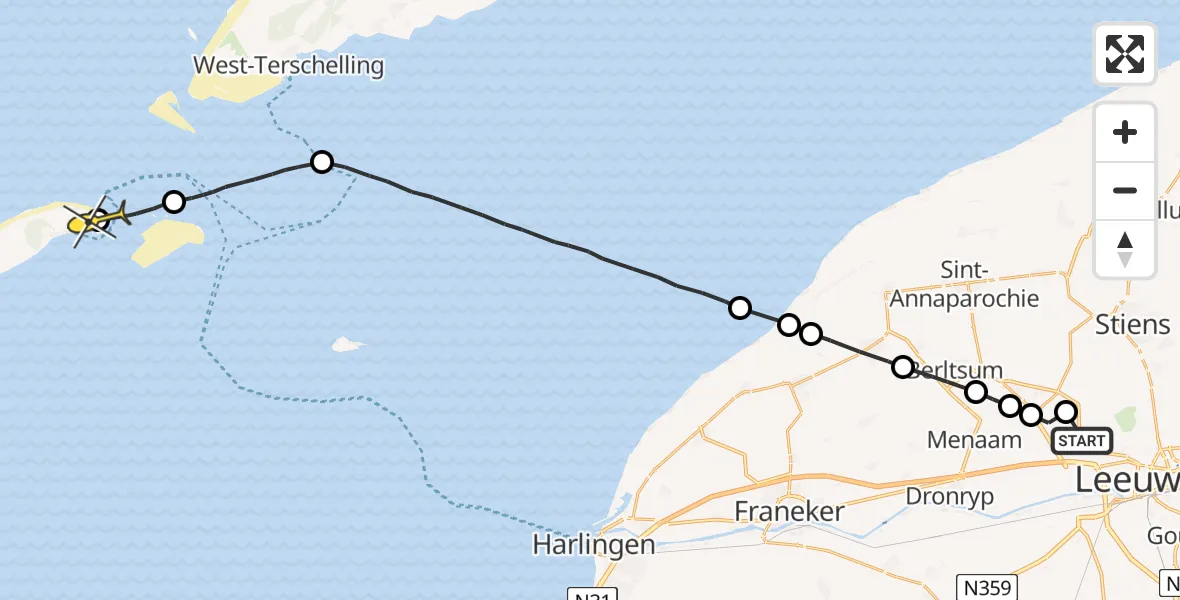 Routekaart van de vlucht: Ambulanceheli naar Vlieland Heliport, Da Gronemanstrjitte