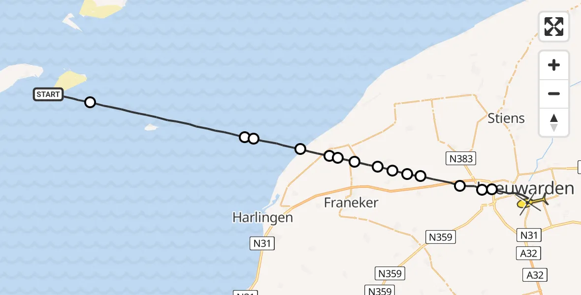 Routekaart van de vlucht: Ambulancehelikopter naar Leeuwarden, Borniastraat