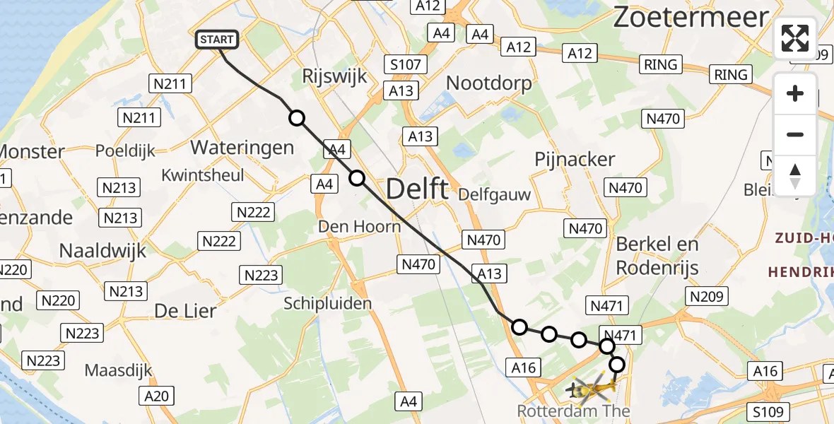Vluchtroute Traumahelikopter Den Haag - Rotterdam The Hague Airport, 02 februari 2025, 10:38