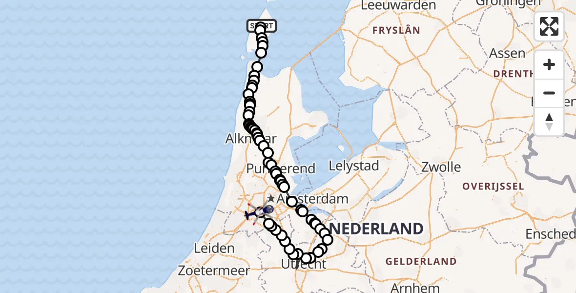 Vluchtroute Politiehelikopter Texel International Airport - Schiphol, 02 februari 2025, 10:50