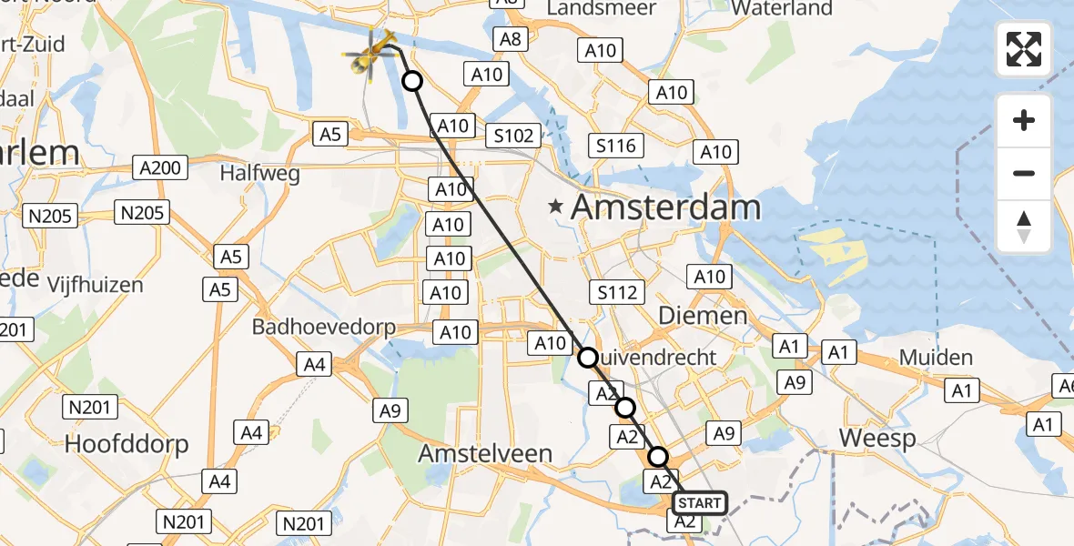 Vluchtroute Traumahelikopter Academisch Medisch Centrum (AMC) - Amsterdam Heliport, 02 februari 2025, 12:42