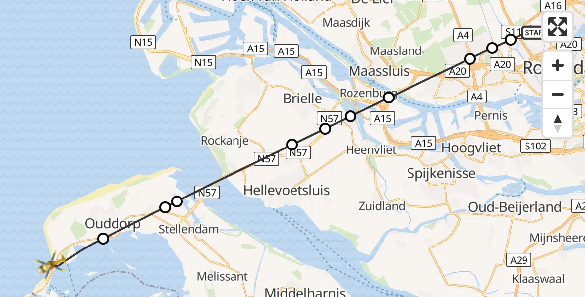 Vluchtroute Traumahelikopter Rotterdam The Hague Airport - Ouddorp, 02 februari 2025, 14:33