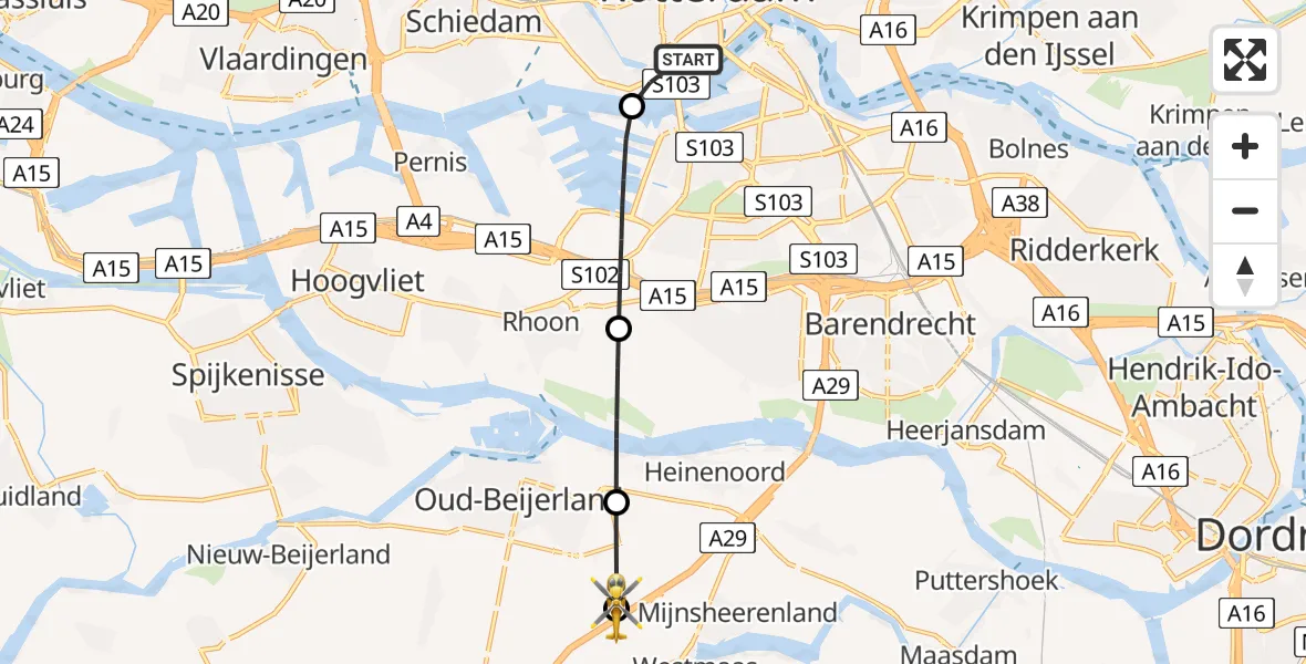 Vluchtroute Traumahelikopter Erasmus MC - Mijnsheerenland, 02 februari 2025, 16:02