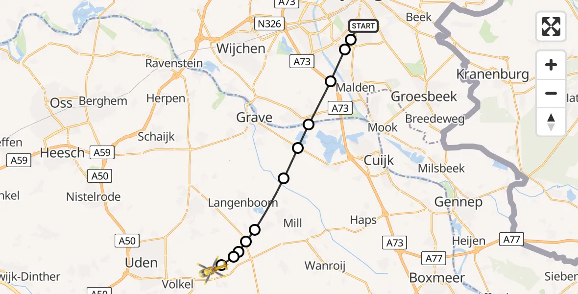 Routekaart van de vlucht: Lifeliner 3 naar Vliegbasis Volkel, Oude Molenweg