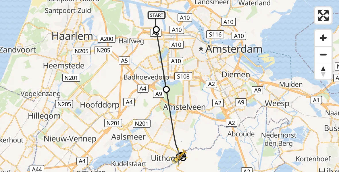 Vluchtroute Traumahelikopter Amsterdam Heliport - Uithoorn, 02 februari 2025, 16:59