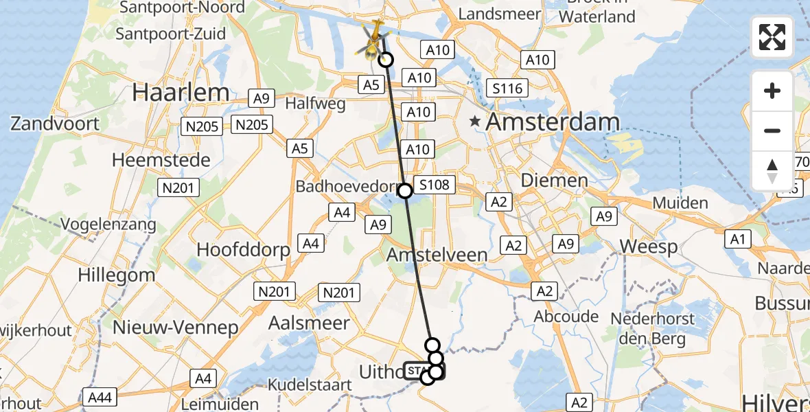 Vluchtroute Traumahelikopter Uithoorn - Amsterdam Heliport, 02 februari 2025, 17:27