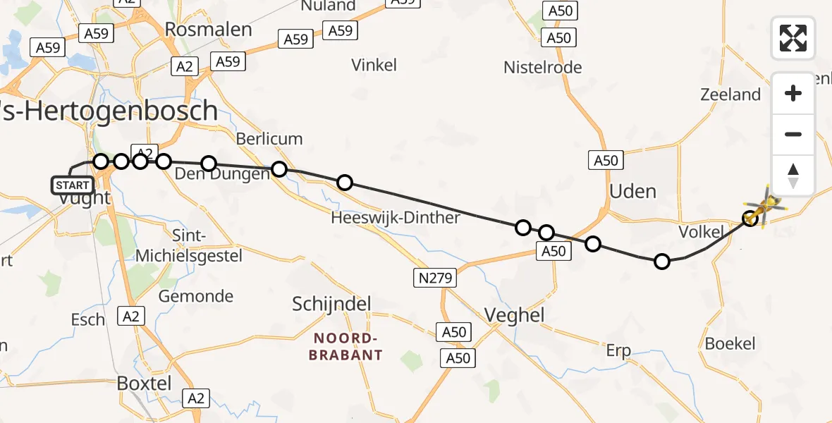 Vluchtroute Traumahelikopter Vught - Vliegbasis Volkel, 02 februari 2025, 18:13