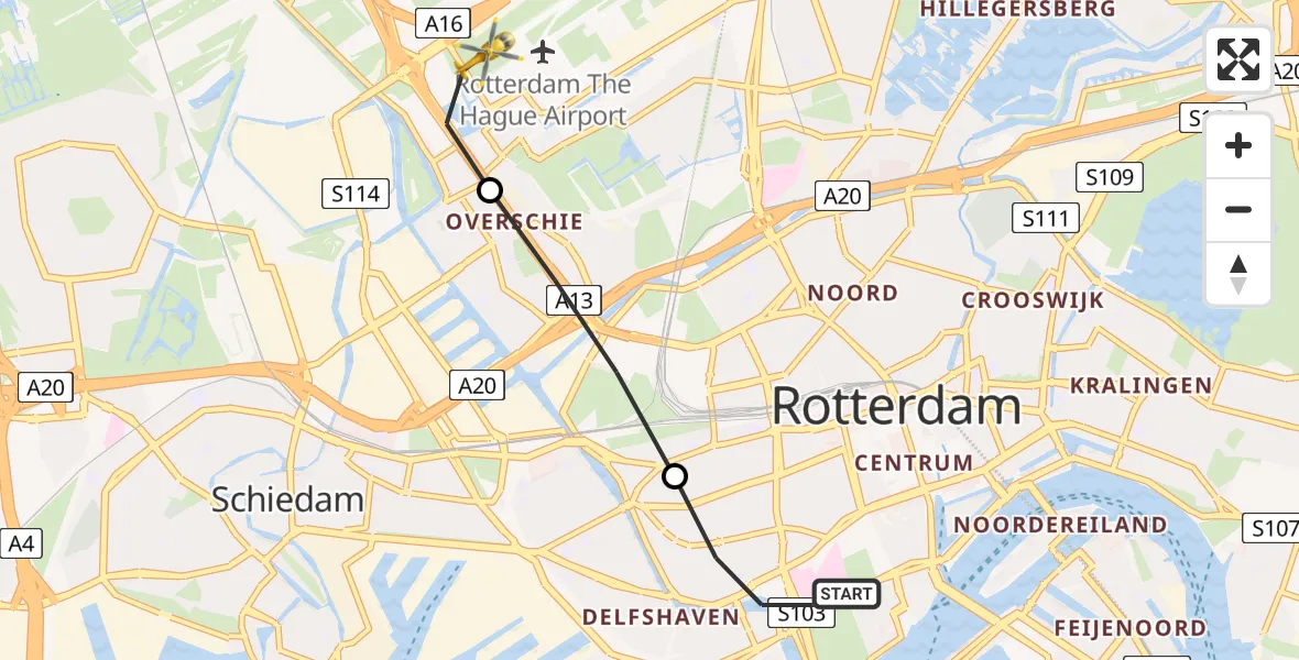 Vluchtroute Traumahelikopter Erasmus MC - Rotterdam The Hague Airport, 02 februari 2025, 18:17