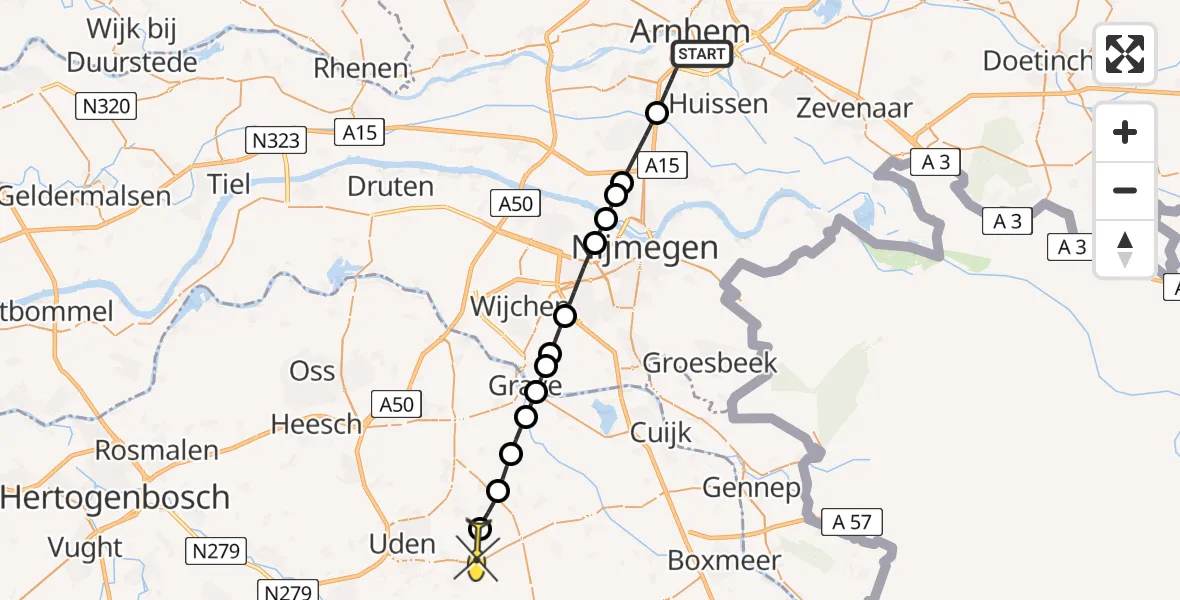 Routekaart van de vlucht: Lifeliner 3 naar Vliegbasis Volkel, Nijmeegseweg