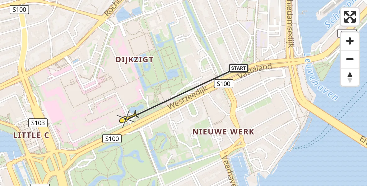Routekaart van de vlucht: Lifeliner 2 naar Erasmus MC, Westzeedijk